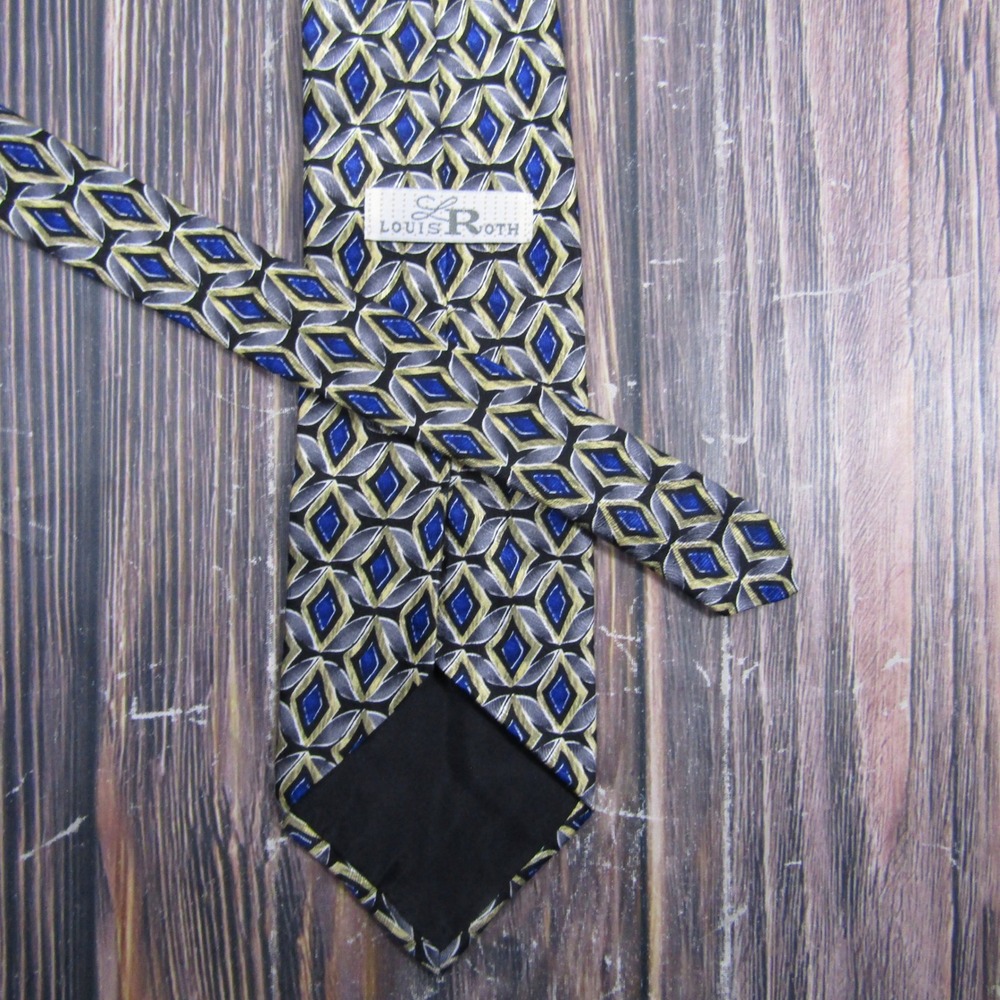 Louis Roth Necktie Mens OS Blue Gold Grey Geometric Diamond Silk Formal Business